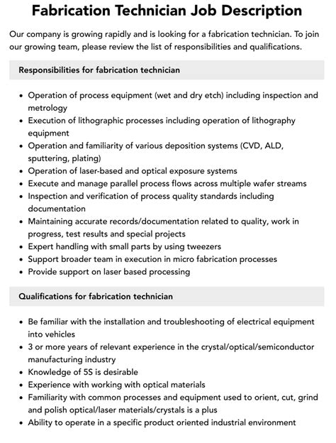 metal fabrication technician|fabrication technician job description.